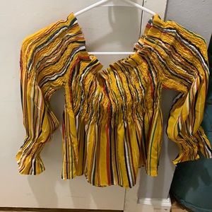 Yellow striped summer blouse—off the shoulder